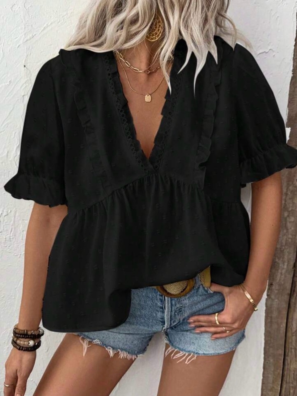 SHEIN Black Ruffled V-Neck Peplum Blouse